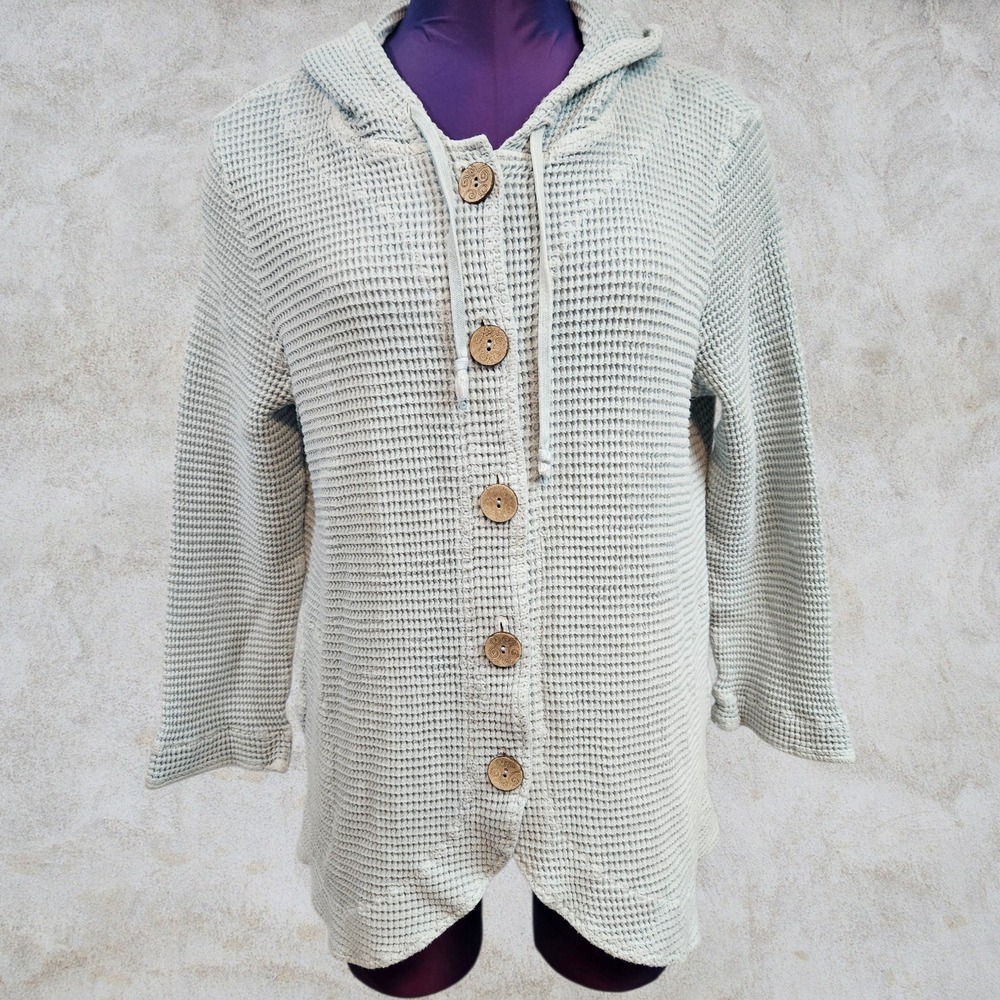 Focus Womens Light Blue Waffle Knit Cotton Hooded Cardigan Sweater FW-105 Medium